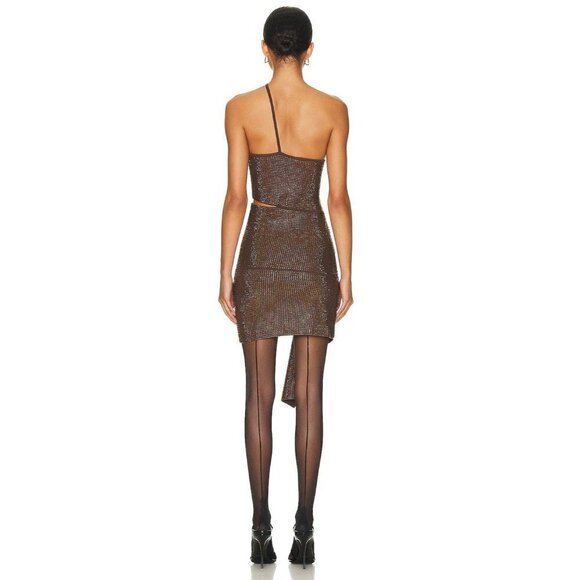 ANDREADAMO Full Strass Mono Shoulder Mini Dress in Brown Large New Womens - Picture 2 of 11